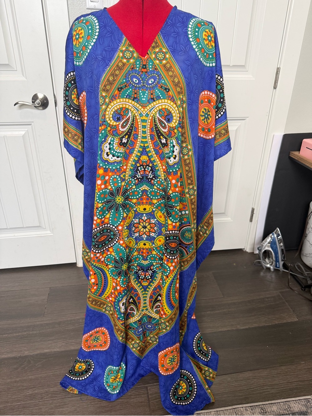 Gypsie Blu, Vibrant Blue & Orange Bohemian Caftan Maxie Dress, One size fits all
